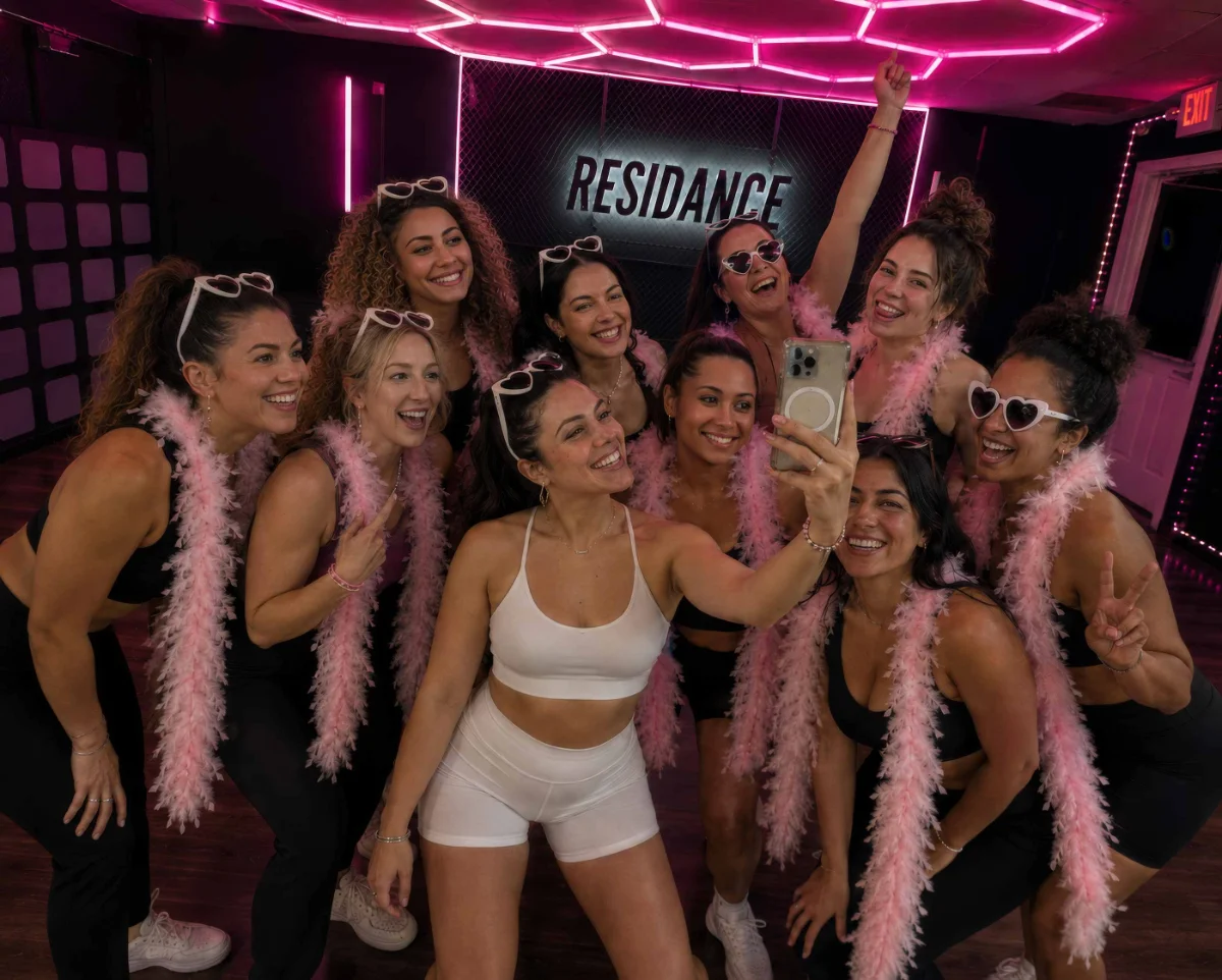 Bachelorette party mid-class, laughing, confetti